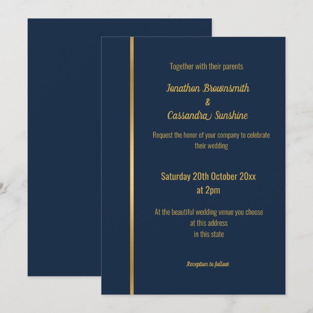 ELEGANT LUXE NAVY GOLD WEDDING  INVITATION (Front/Back)