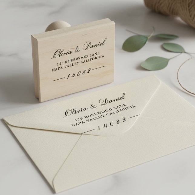 Elegant Luxe Script Custom Wedding Return Address  Rubber Stamp (Creator Uploaded)