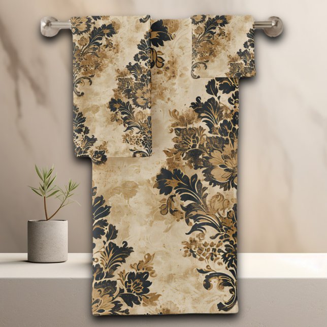 Elégant Luxueux Black Gold Beige Ivory Damask (Créateur téléchargé)