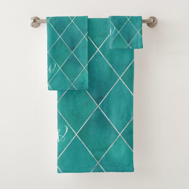 Elegant Luxurious Aqua Green Silver Argyle Pattern Bath Towel Set (Insitu)
