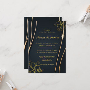 Elegant Luxurious Black and Gold Floral wedding  Invitation
