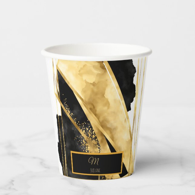 Elegant Luxurious Black Gold Monogram Modern Glam Paper Cups (Front)