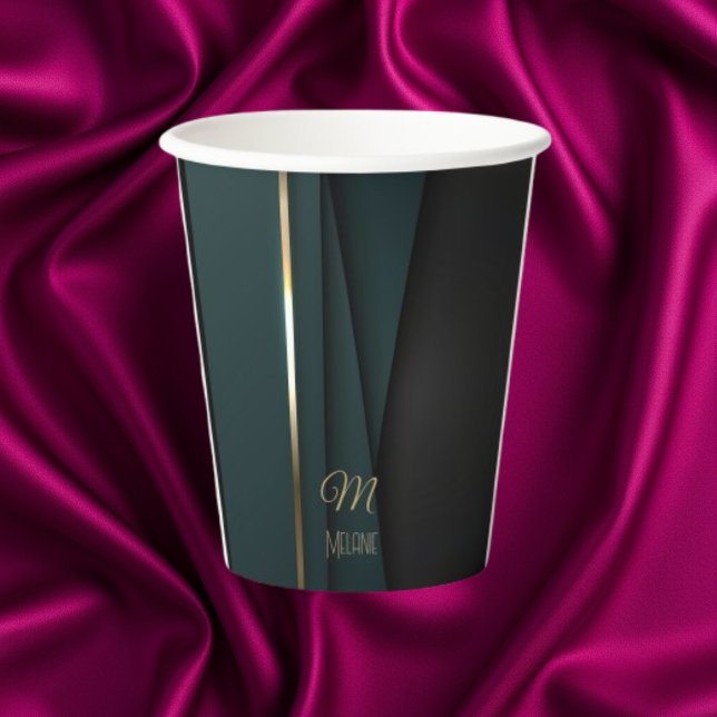 Elegant Luxurious Dark Green Gold Monogram Name Paper Cups (Creator Uploaded)
