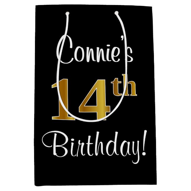 Elegant, Luxurious, Faux Gold Look 14th Birthday Medium Gift Bag (Front)