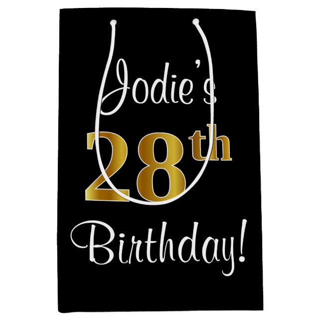 Elegant, Luxurious, Faux Gold Look 28th Birthday Medium Gift Bag (Front)