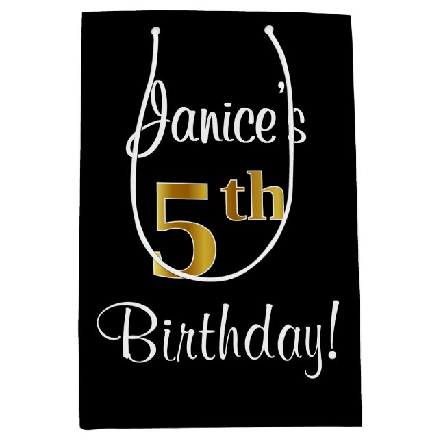 Elegant, Luxurious, Faux Gold Look 5th Birthday Medium Gift Bag (Front)