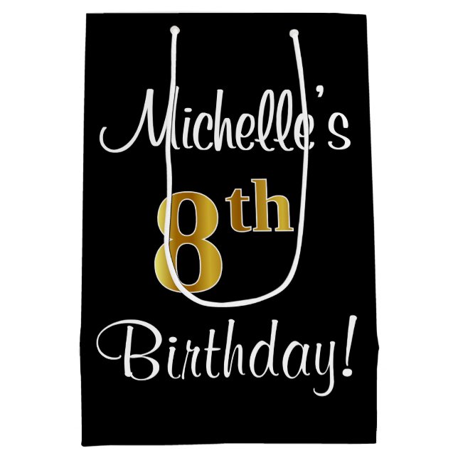 Elegant, Luxurious, Faux Gold Look 8th Birthday Medium Gift Bag (Back)