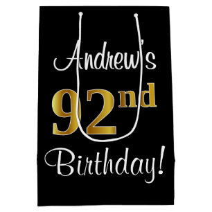 Elegant, Luxurious, Faux Gold Look 92nd Birthday Medium Gift Bag
