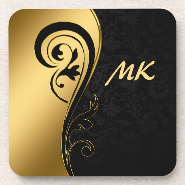 Elegant & Luxurious Gold Black Design Monogrammed Coaster (Front)