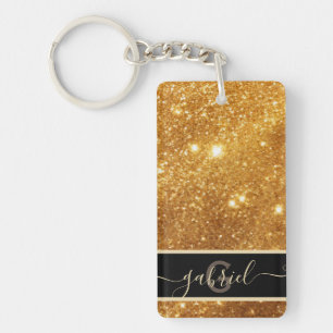 Elegant Luxurious Pure Gold Glitter Monogram Glam  Keychain