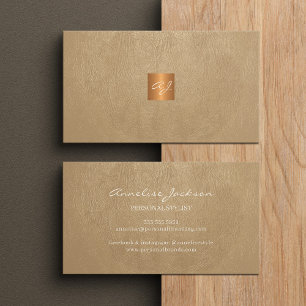 Elegant luxury beige leather copper gold monogram business card