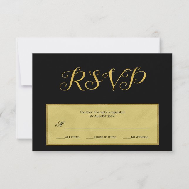 Elegant luxury black and gold wedding rsvp script (Front)