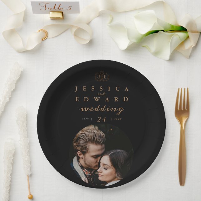 Elegant Luxury Black Gold Monogram Photo Wedding Paper Plate (Wedding)