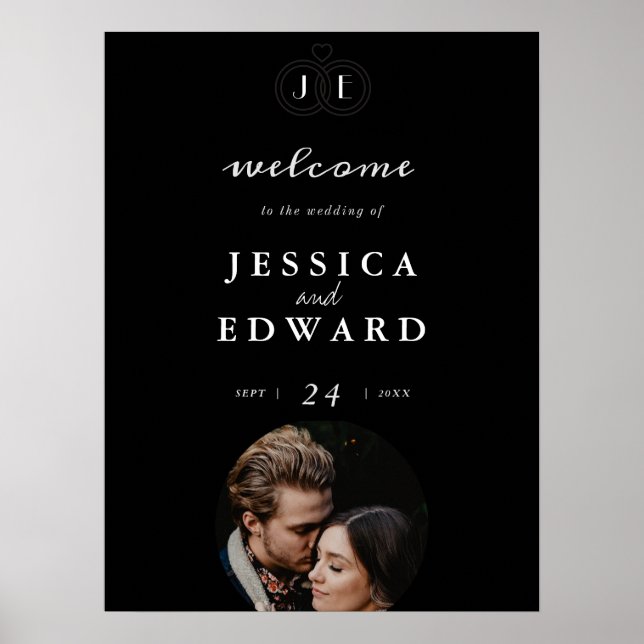 Elegant Luxury Black Gold Monogram Photo Wedding Poster (Front)