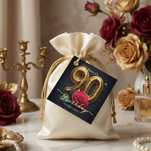 Elegant Luxury Black Gold Red Rose 90th Birthday Favour Tags