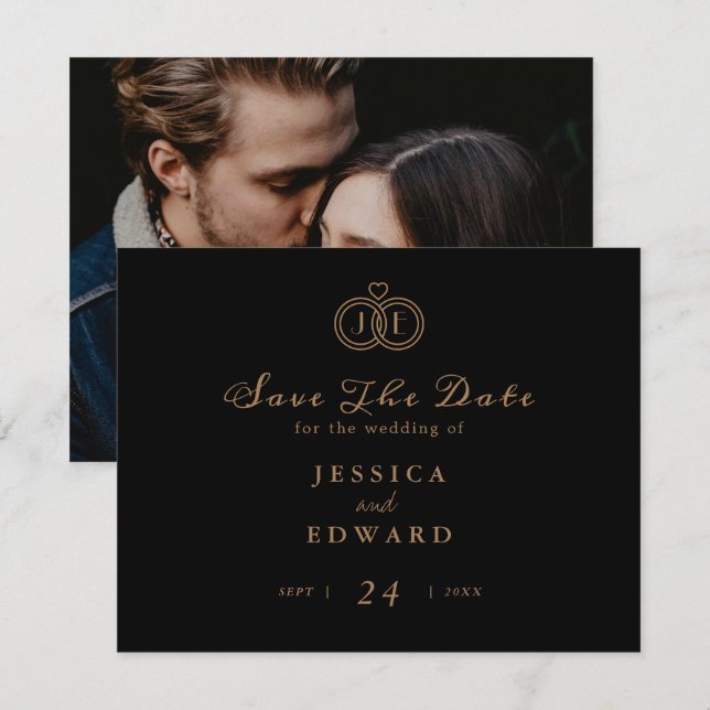 Elegant Luxury Black Gold Ring Monogram Photo Save The Date (Front/Back)