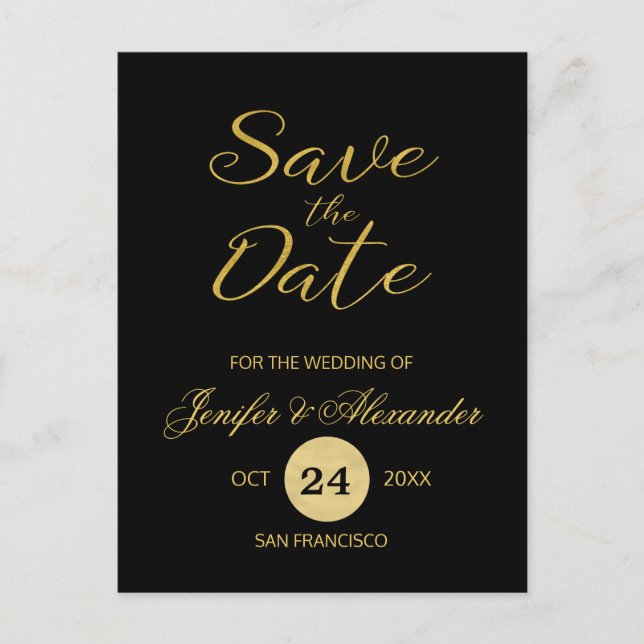 Elegant luxury black gold wedding save date script announcement postcard (Front)