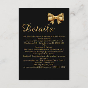 Elegant Luxury Black & Golden Bow Wedding Details Enclosure Card