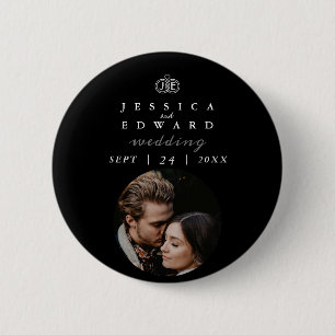 Elegant Luxury Black White Monogram Photo Wedding 2 Inch Round Button
