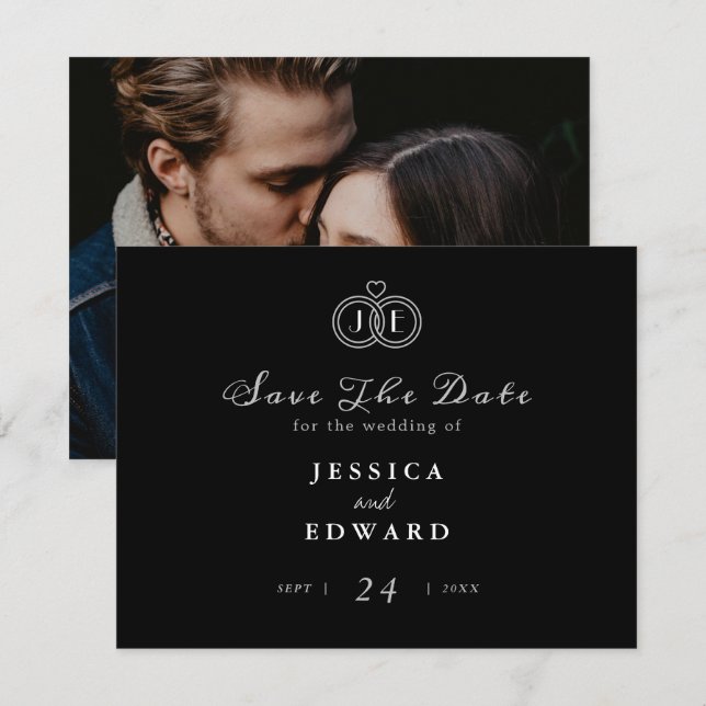 Elegant Luxury Black White Ring Monogram Photo Save The Date (Front/Back)
