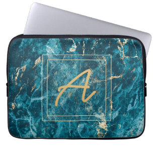 Elegant Luxury Blue Gold Marble Effect Monogram Laptop Sleeve