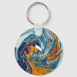 Elegant Luxury Blue Gold Monogram Keychain