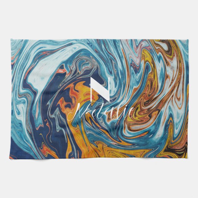 Elegant Luxury Blue Gold Monogram          Kitchen Towel (Horizontal)