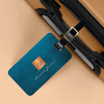 Elegant luxury blue leather look gold monogrammed luggage tag<br><div class="desc">Luxury monogrammed luggage tag with a navy blue leather look background and a faux gold copper metallic brushed square with elegant script signature name and monogram initials. Easy to personalize creating your own logo with your business or personal initials and name. Could be an elegant personalized business corporate travel branded...</div>