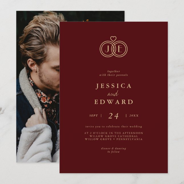 Elegant Luxury Burgundy Monogram Photo Wedding Invitation (Front/Back)