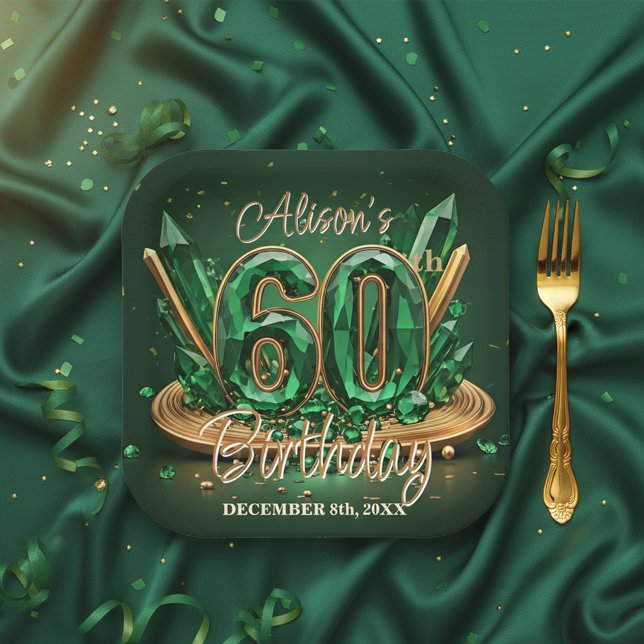 Elegant Luxury Emerald Green Gold 60th Birthday Paper Plate (Creator Uploaded)