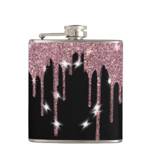 Elegant Luxury Faux Glitter Pink Rose Drip Hip Flask
