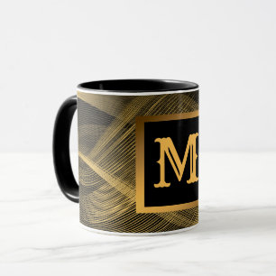 Elegant Luxury Gold Black Wave Monogrammed Mug