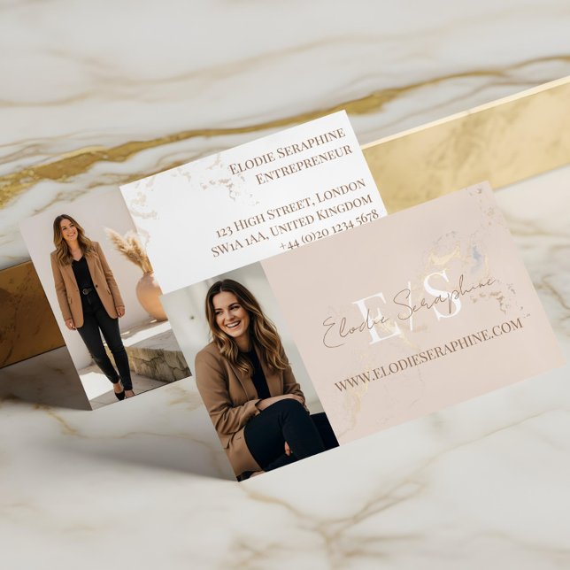 Elegant Luxury Gold Marble Script Monogram Photos Business Card (Gold Marble Luxury Script Monogram Minimal Elegant Business Card)
