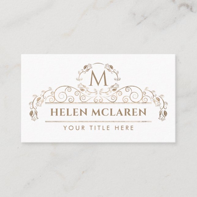 Elegant Luxury Gold Monogram with Roses Business C Business Card (Front)