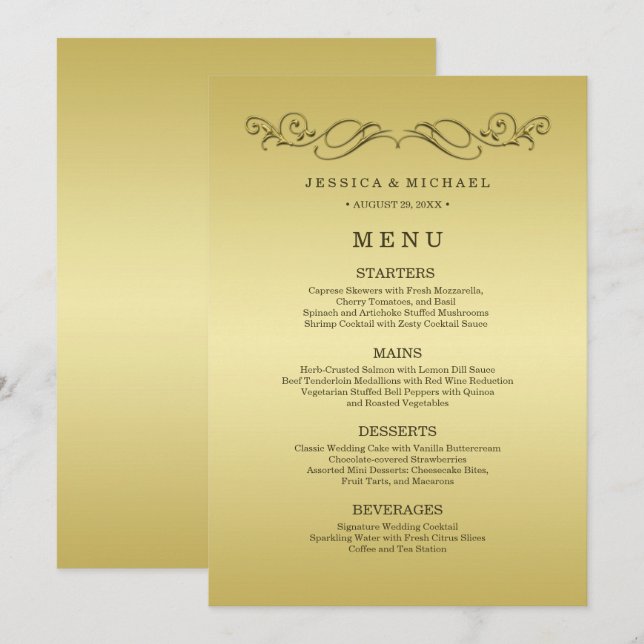 Elegant Luxury Gold Ornate wedding Menu (Front/Back)