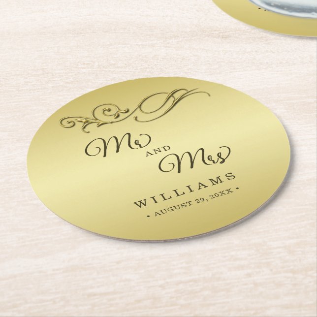 Elegant Luxury Gold Ornate wedding Round Paper Coaster (Angled)