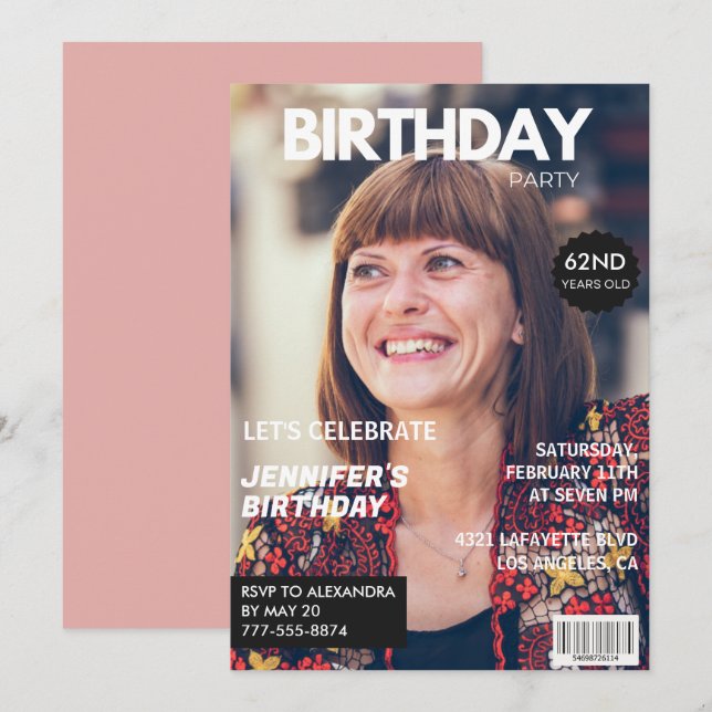 Elegant Luxury Magazine Photo 62nd birthday Invitation (Front/Back)
