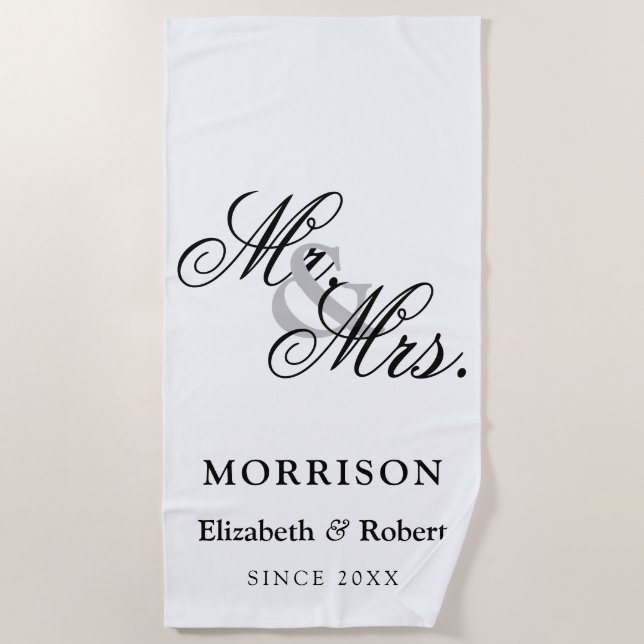 Elegant Luxury Mr and Mrs Newlyweds Beach Towel (Front)