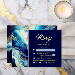 Elegant Luxury Navy Blue Gold Marble Wedding RSVP Foil Invitation Postcard