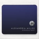 Elegant Luxury Navy Blue Silver Mouse Pad<br><div class="desc">Minimal luxury monogram design with elegant brushed metallic silver medallion; elegant feminine typography with personalized name and title below on a gradient background in shades of navy blue. Personalize for your custom use.</div>