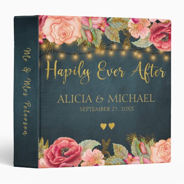 Elegant luxury navy blush gold floral wedding binder (Front/Spine)