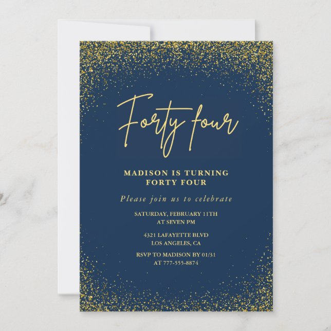 Elegant Luxury Navy Gold Glitter 44th birthday Invitation (Front)