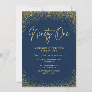 Elegant Luxury Navy Gold Glitter 91st birthday Invitation