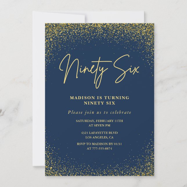 Elegant Luxury Navy Gold Glitter 96th birthday Invitation (Front)