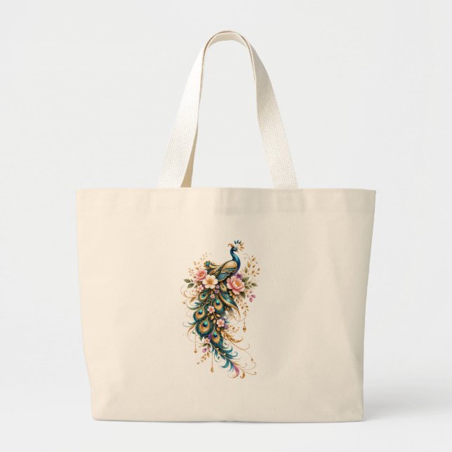 Elegant Luxury Peacock Floral Illustration  Large Tote Bag (Front)