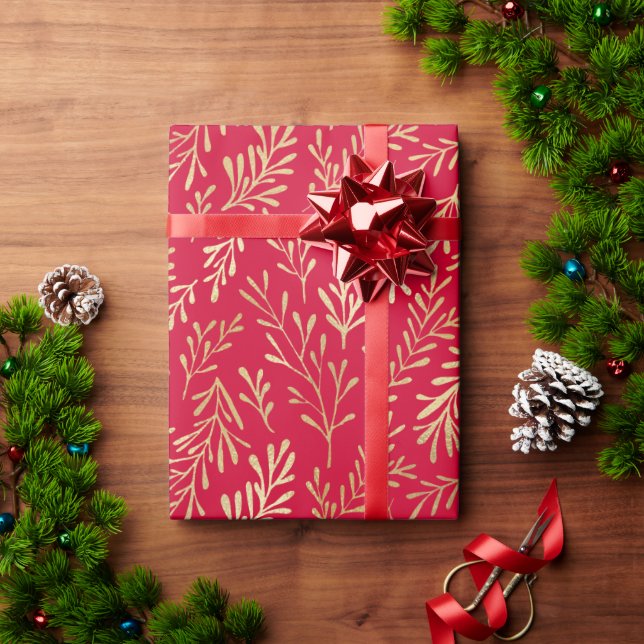 Elegant Luxury Red Gold Leaf Pattern Christmas Wrapping Paper (Holiday Gift)