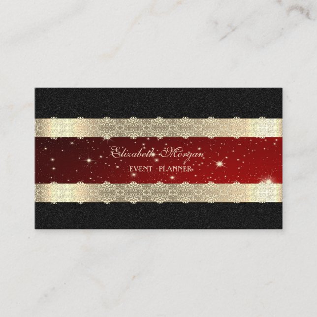 Elegant Luxury Red,Gold Striped,Lace,Black Business Card (Front)