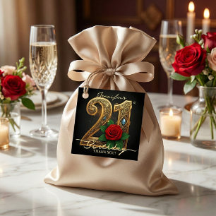 Elegant Luxury Red Rose Black Gold 21st Birthday Favour Tags