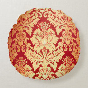 Elegant Luxury Retro Red Gold Damask Pattern Round Pillow