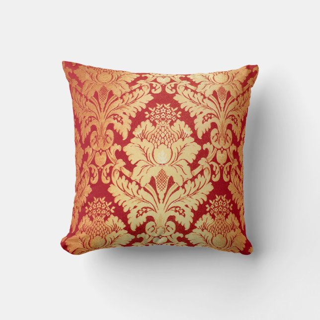 Elegant Luxury Retro Red Gold Damask Pattern Throw Pillow (Front)